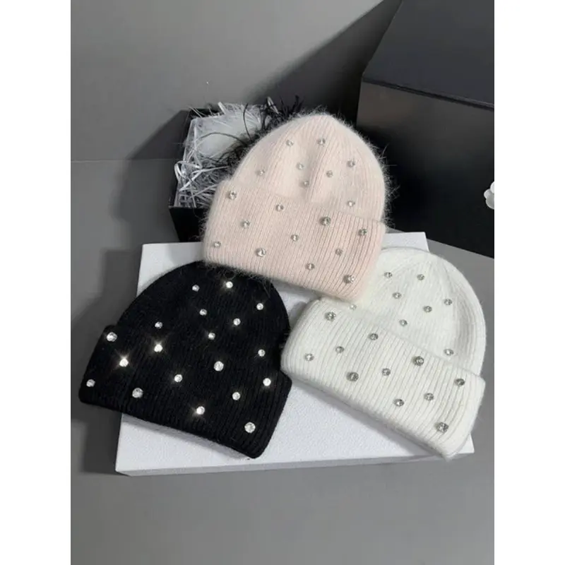 Unisex Fitted Hat Beanie - Universal Fit Thick-Knit Warm Solid-Color Faux Fur Hat with Sparkling Gems, Fluffy Woven Adult Fall-Winter Casual Fashion Accessory with Warmth Assurance