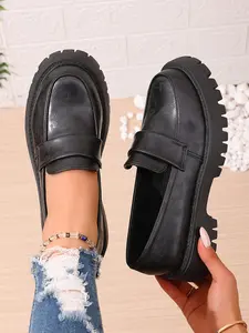 Women's Retro Round Toe Thick Sole PU Leather Loafers, Spring & Fall Fashion Casual Shoes, Size 36-43, British Style Commuter Footwear