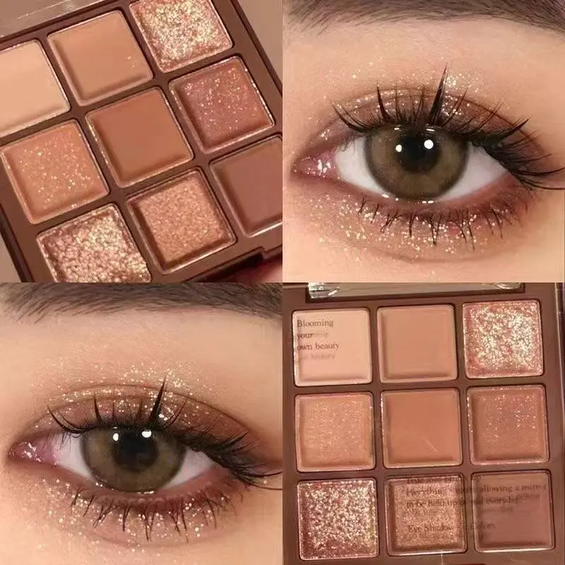 9-color chocolate eyeshadow, Shimmering Eyeshadow Palette: Matte, shimmer, and subtle glitter shades; fine texture; long-lasting wear; versatile for various occasions – stage, evening events, and everyday use. Eye Makeup Products, Eye Shadow Palettes