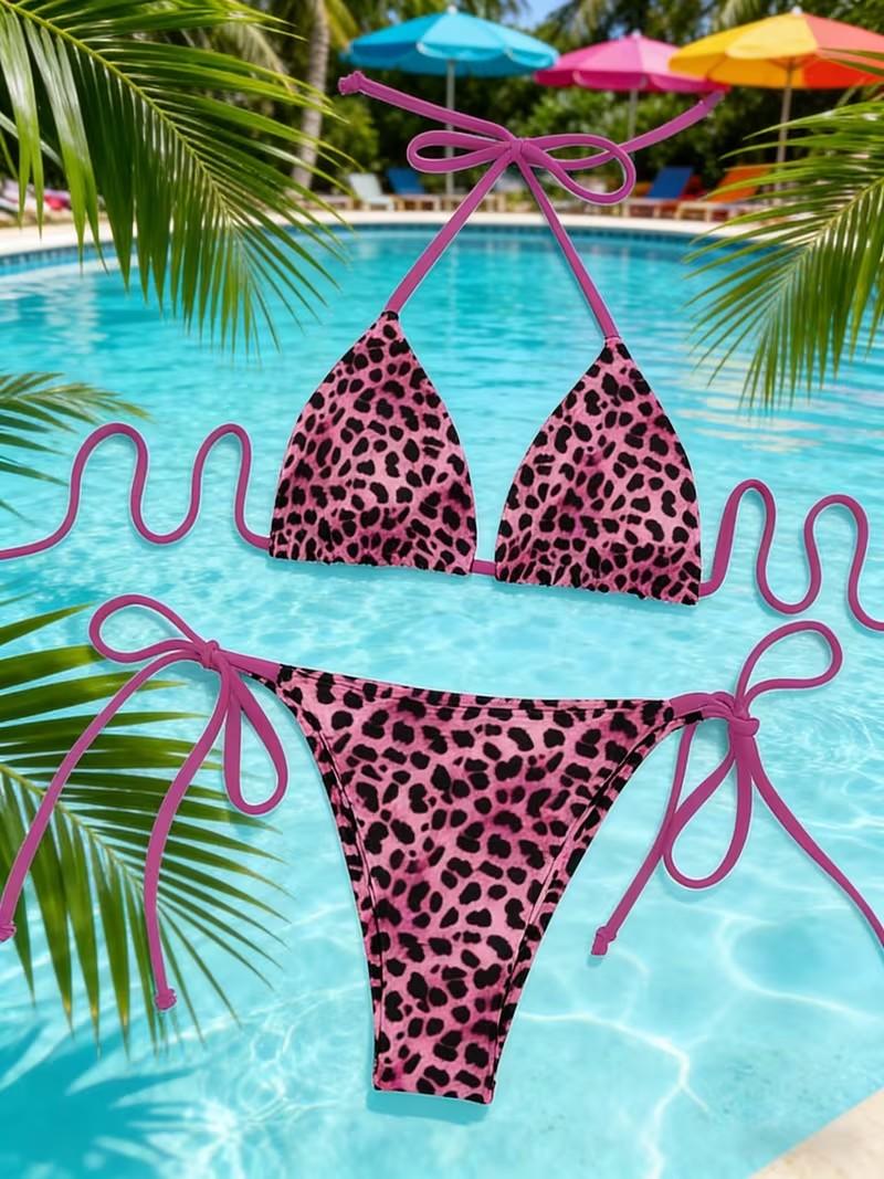 Pink Leopard Print Halter Bikini Set Sexy Side Strap Swimsuit Spicy Style Beach Vacation Women'S Split Swimsuit