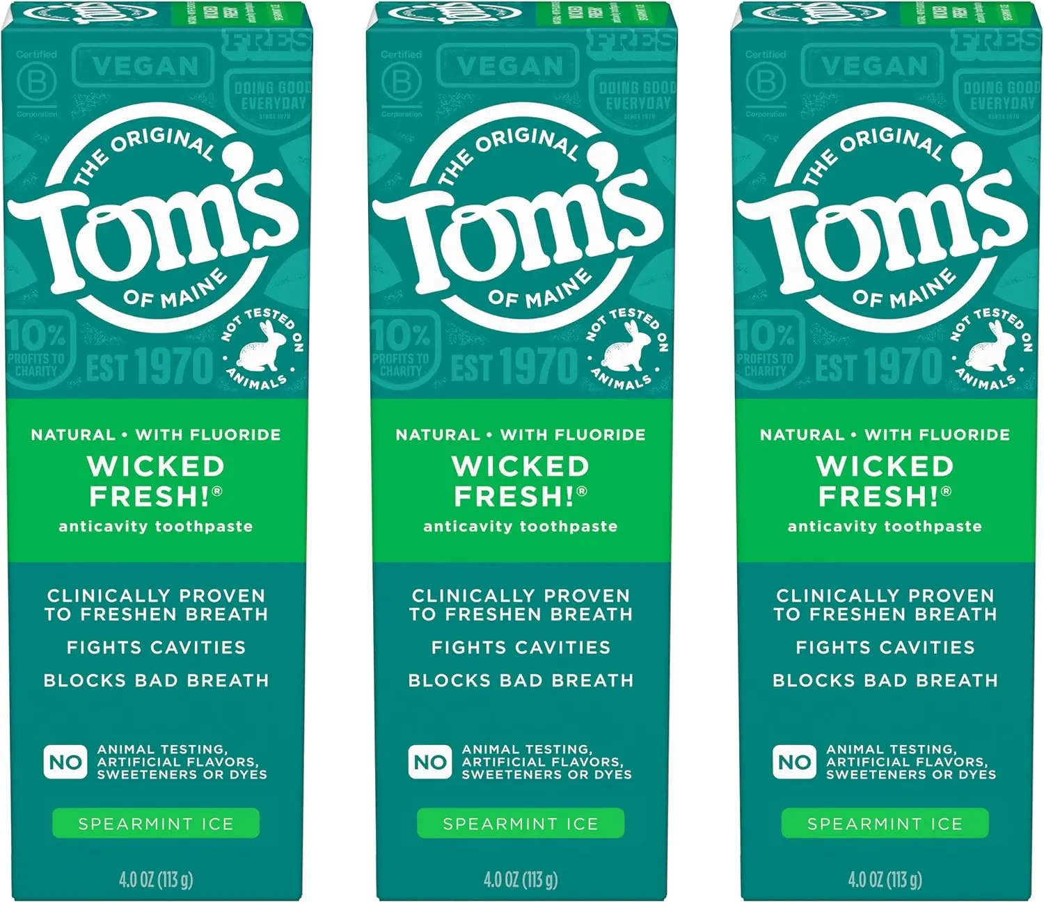 Tom's of Maine Wicked Fresh Fluoride Toothpaste, Spearmint, 3 Pack, 4 oz | Natural Anticavity Toothpaste with Fluoride, Blocks Bad Breath and Fights Cavities, Clinically Proven, SLS Free, No Dyes