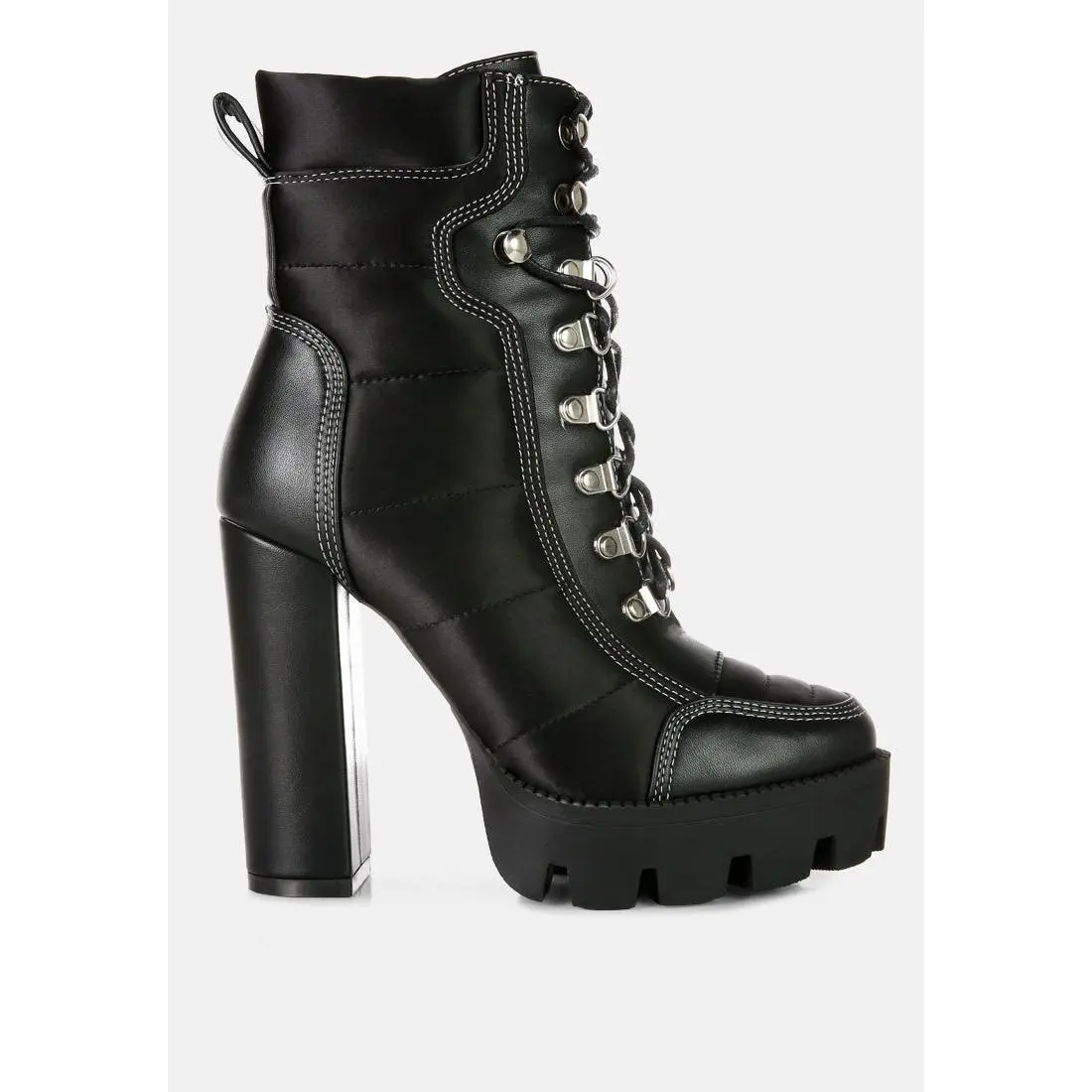 Women's Rock Style Biker Boots, Quilted Synthetic Satin Footwear with Chunky Platform Heels, Lug Sole and Zip Closure, Statement Shoes