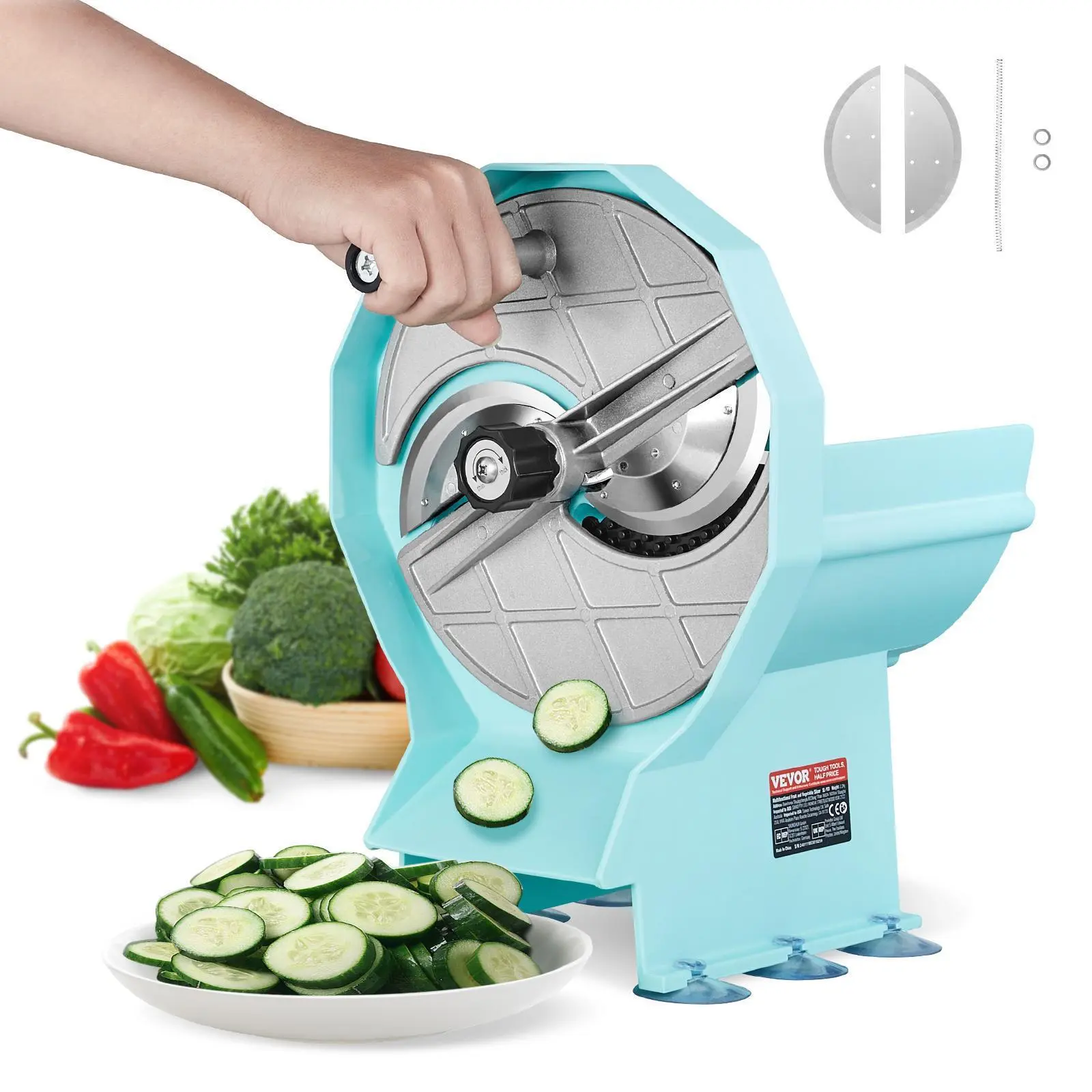【Backtoschool】VEVOR Manual Kitchen Veggie Cutter, 0-0.5"/0-12mm Thickness-Adjustable Commercial Slicer, Double Feed Ports, Stainless Steel Blade, Safe for Cabbage, Cheese, Cucumber, Lemon, Safe Fruit Slicer, Utensils, Smooth, Hotels