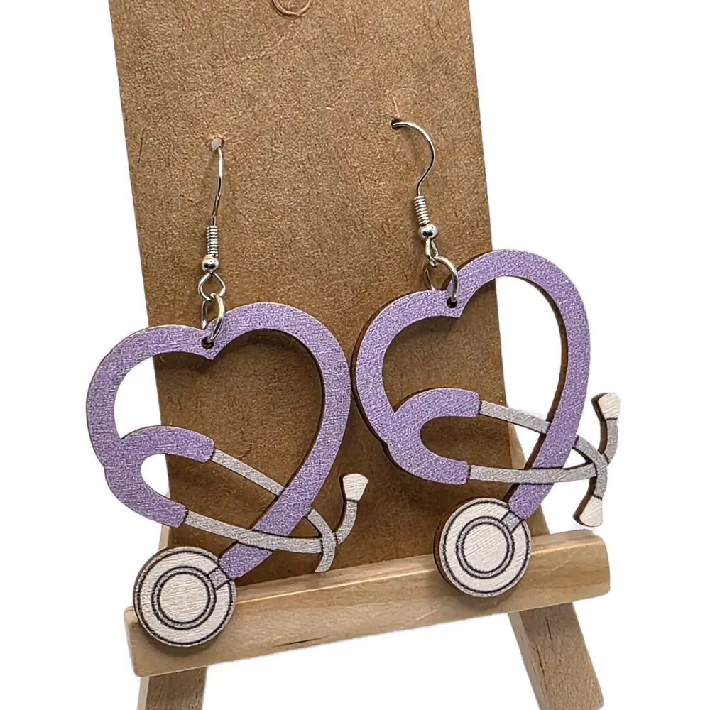 Unisex Stethoscope Hook Earrings - Wooden, Lightweight, Hypoallergenic Design with Heart-Shaped Wood Accents for Casual Daily Wear, Stethoscope Earrings