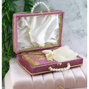 Luxury Pearl Islamic Gift Set - Velvet Box with Quran, Hijab, Tasbih, & Bookmark - Light Raspberry