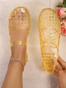 Vintage Mary Jane Jelly Sandals, Rhinestone Breathable Mesh Upper, Waterproof Anti-Slip Thick Sole, Casual Round Toe PU Leather Shoes
