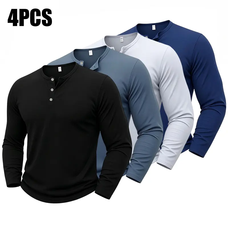 Men’s 4-Pack Long-Sleeve Plain Loose-Fit Tops (4pcs-black + gray + white + dark blue) - Button Closure, Hangable, Minimalist, Solid Glossy Finish American Vintage Style, Spring/Autumn High-End Business Base Layer for Travel, Outdoor Activities