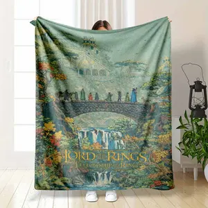 Fantasy Rivendell Scene Flannel Blanket Middle Earth Inspired Print Soft Warm Cozy Perfect for Sofa Couch Decor Reading Nook Ambience Movie Night Comfort Travel and Camping