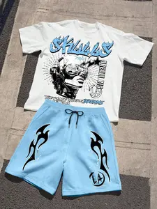 Two-piece Set Men's Regular Fit Skull Print Shortsleeve Tee & Drawstring Waist Shorts, Casual Round Neck T-shirt & Track Shorts, Men's Summer Clothes