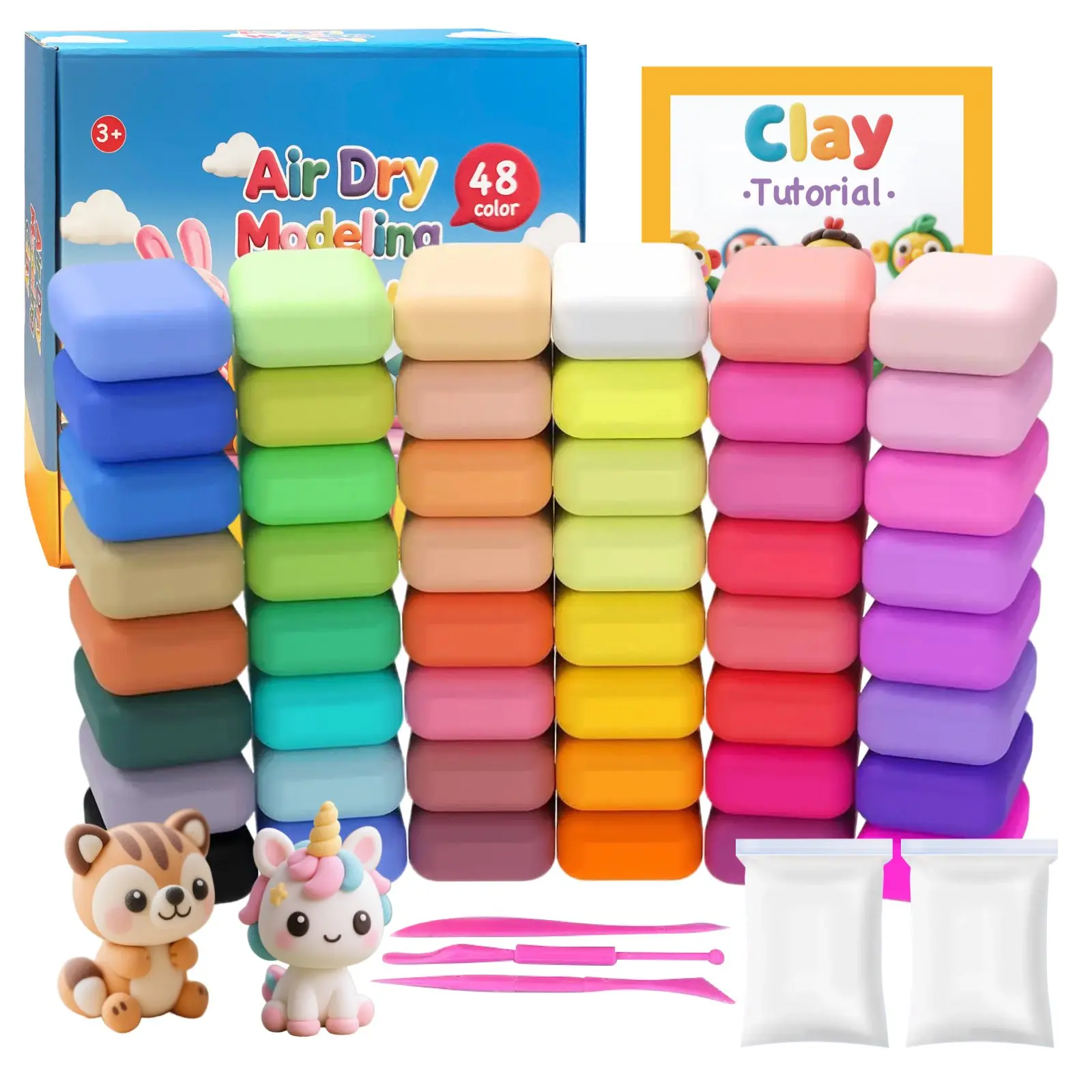 48-Color Air Dry Modeling Clay Set with 3 Shaping Tools, Safe Eco-Friendly Art Supplies Kit for Kids Age 3+, Handcraft Art Crafting for Home & School, Boosts Imagination & Fine Motor Skills, TikTokshopspringglowup Teacher Gift