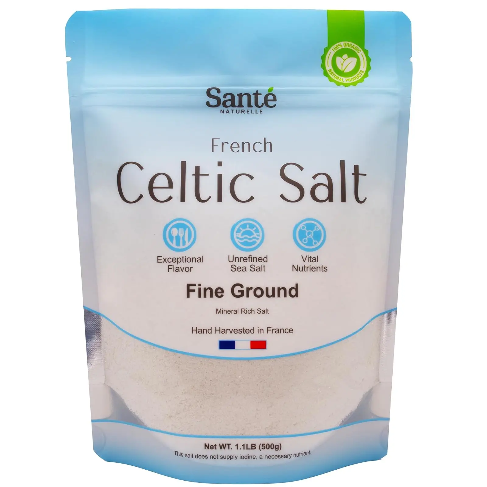 Sante Naturelle Celtic Salt Organic Fine Ground - 1.1lb (18oz) Unrefined French Mineral Sea Salt, Rich in 82+ Minerals, 100% Natural & Hand Harvested Sal Celtica
