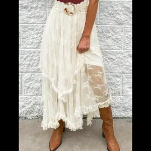 Women's Plain Lace Trim Ruffle Trim Skirt, Elegant Long Skirt for Party Holiday Wedding Guest, Ladies Summer Clothes