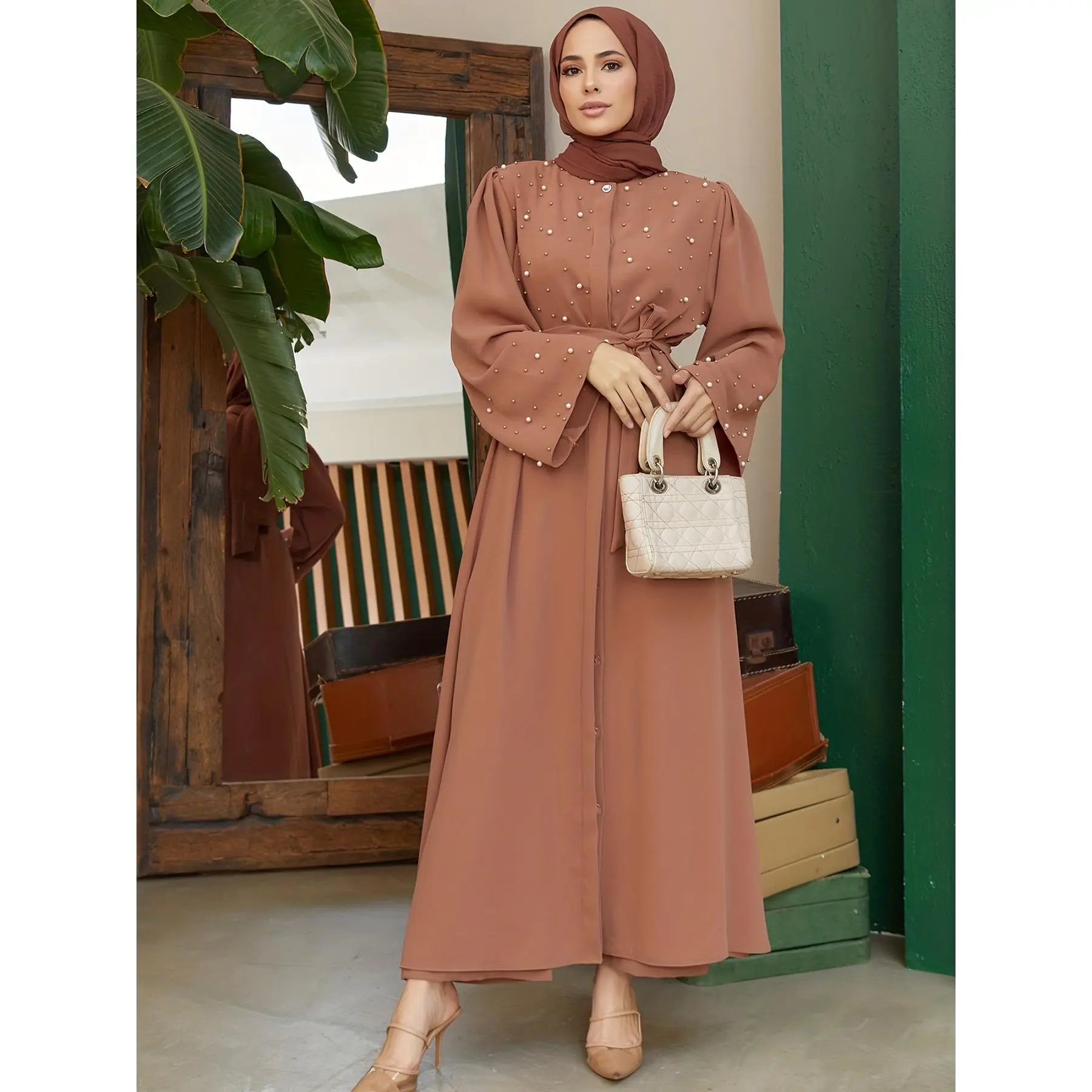 Elegant Pearl Beaded Abaya, Women's Solid Polyester Maxi Dress with Tie Waist and Buttons, Machine Washable for All Seasons, Pearls, Ramadan, Plain, Woven, Belted