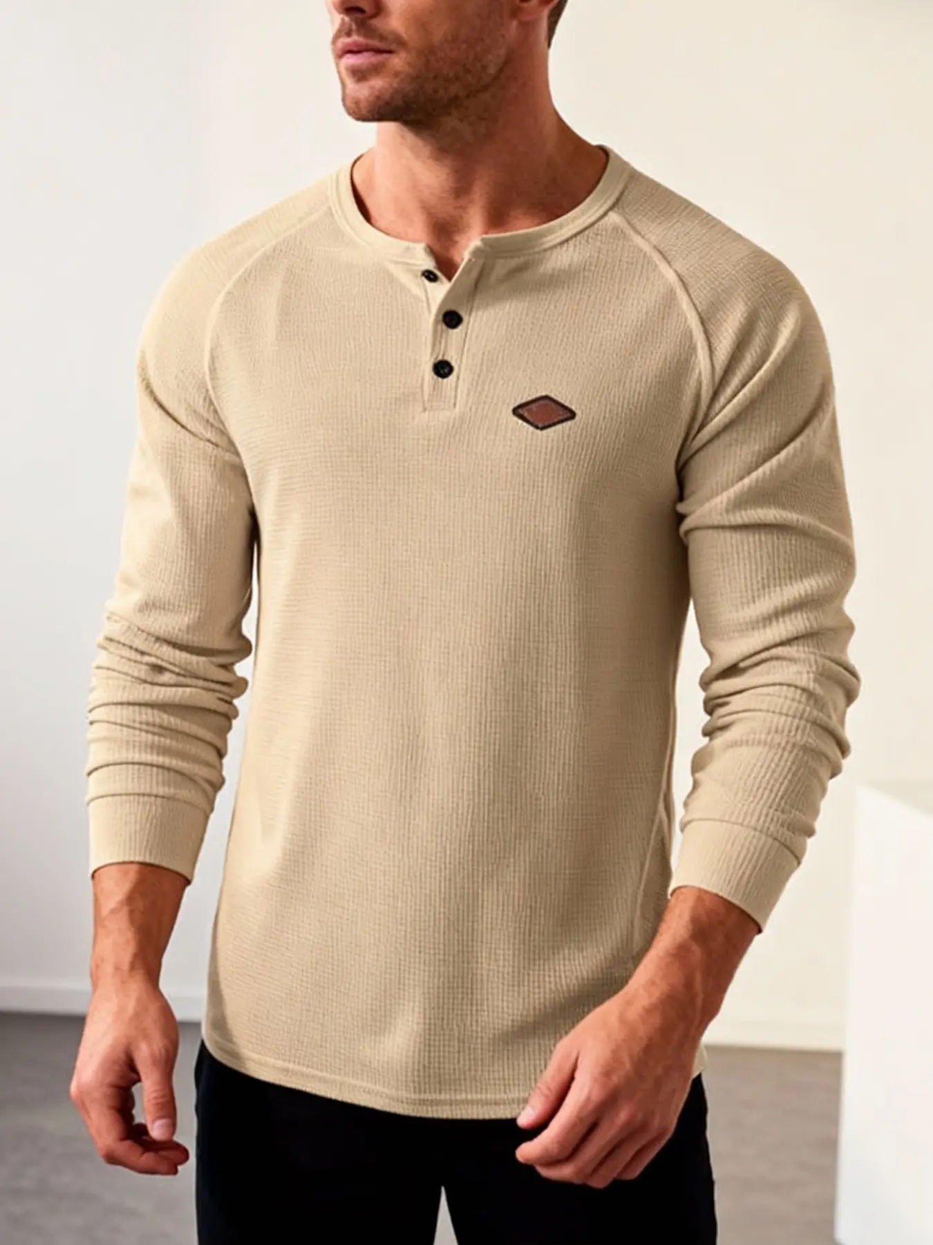 Men's Waffle Knit Henry Shirt, Light Knit, Fitted Long Sleeve Classic Casual Business Button-Up, Soft Breathable Texture Tee Tops for Daily Wear & Office Style Henley