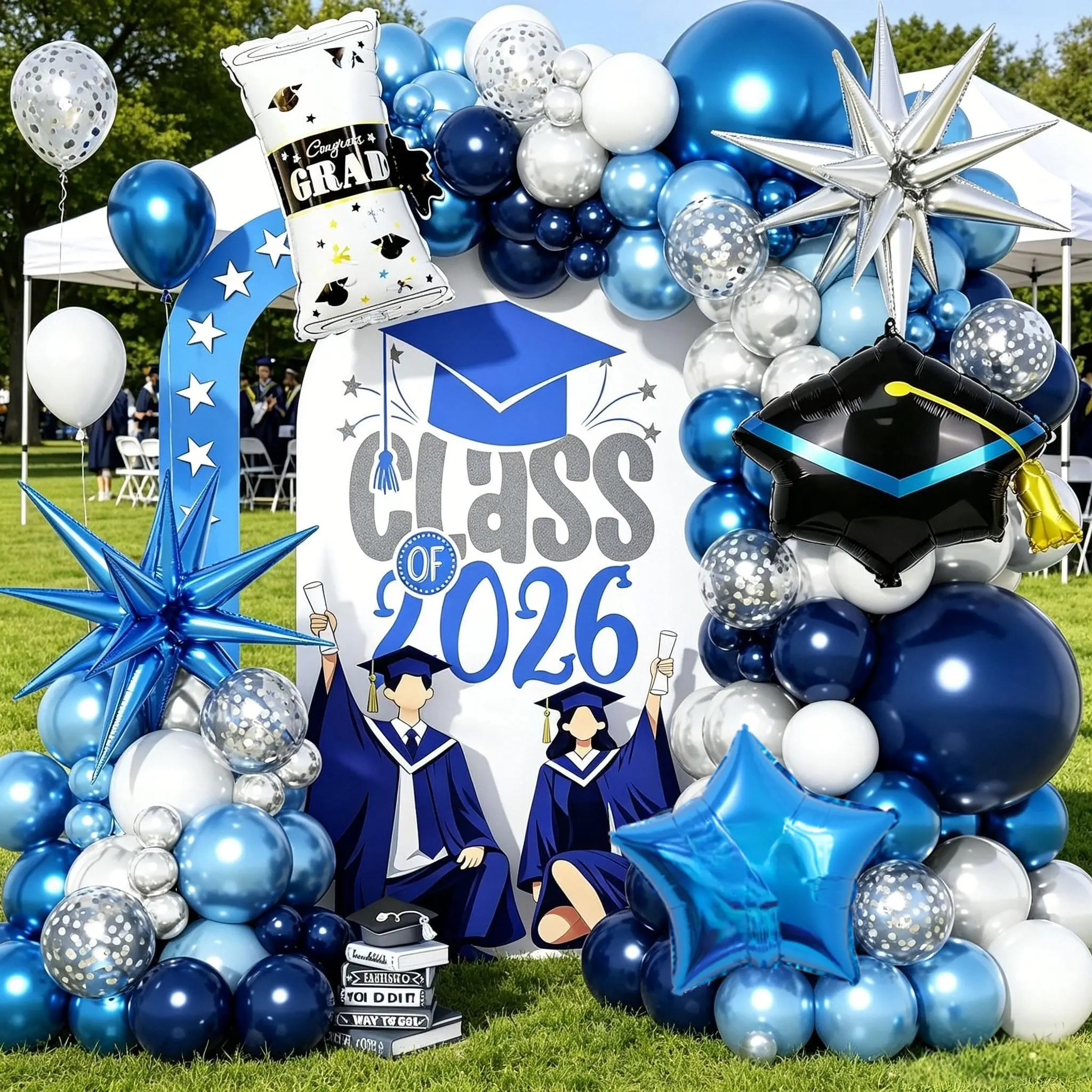 Graduation Balloon Arch Set, Shiny, Blue / Gold, Includes Explosive Stars, Caps, Certificates, Latex, Foil, Metal Balloons, Party Decorations, Balloon Arches Decorations, Balloon Arch Kit