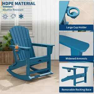 Adirondack Rocking Chair for Garden, All-Weather HDPE Outdoor Patio Rocker with Retractable Footrest & Cup Holder, Heavy Duty Folding Lounger