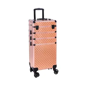 4 in 1 Rolling Makeup Train Case, Professional Aluminum Makeup Travel Organizer Cosmetic Case, Cosmetology Caboodle Case on 360° Wheels, Beauty Storage Luggage Lockable(Rose Gold) Daily Durable