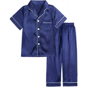 2 Piece Kids Satin Pajamas Set Button-Down Sleepwear Loungewear Shorts Sleeve Tops + Pants