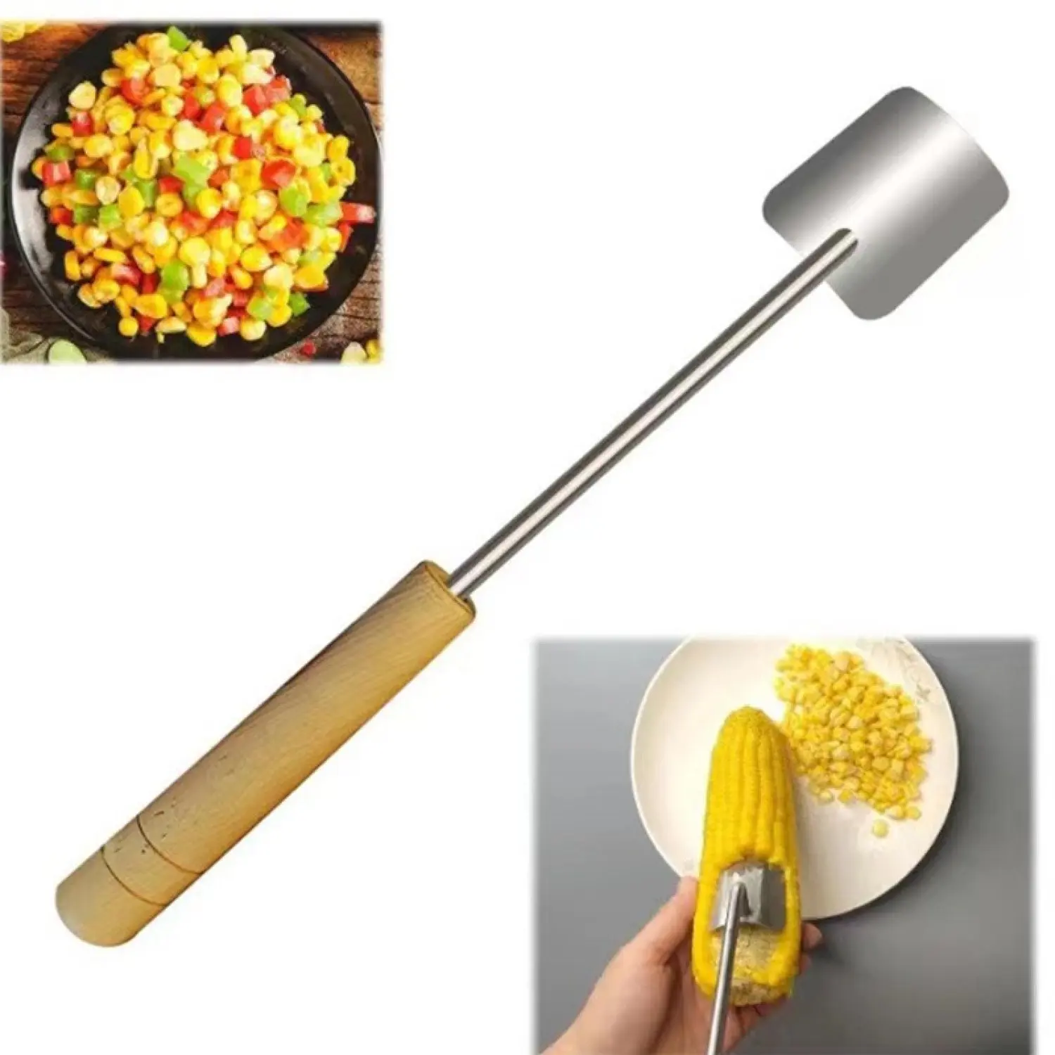 Stainless Steel Blade Corn Cutter with Wooden Handle and Hook - Ergonomic Kitchen Utensil for Efficient Kernel Removal, Durable, Easy to Clean, Ideal for Home Cooking, Utensils