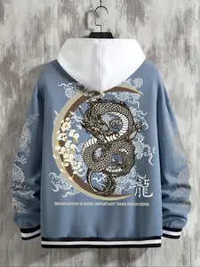 Men's Dragon Print Varsity Jacket with Side Pockets, Striped Trim Casual Streetwear Coat for Fall & Winter