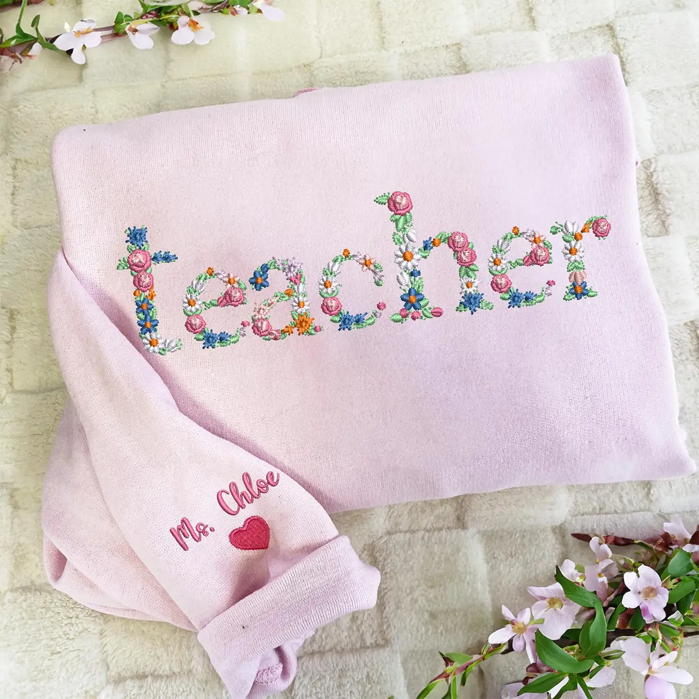 Custom Teacher Embroidered Floral Sweatshirt, Personalized Name Teacher Sweatshirt, 1st Grade Teacher Shirt, Teacher School Shirt, New Teacher Gift