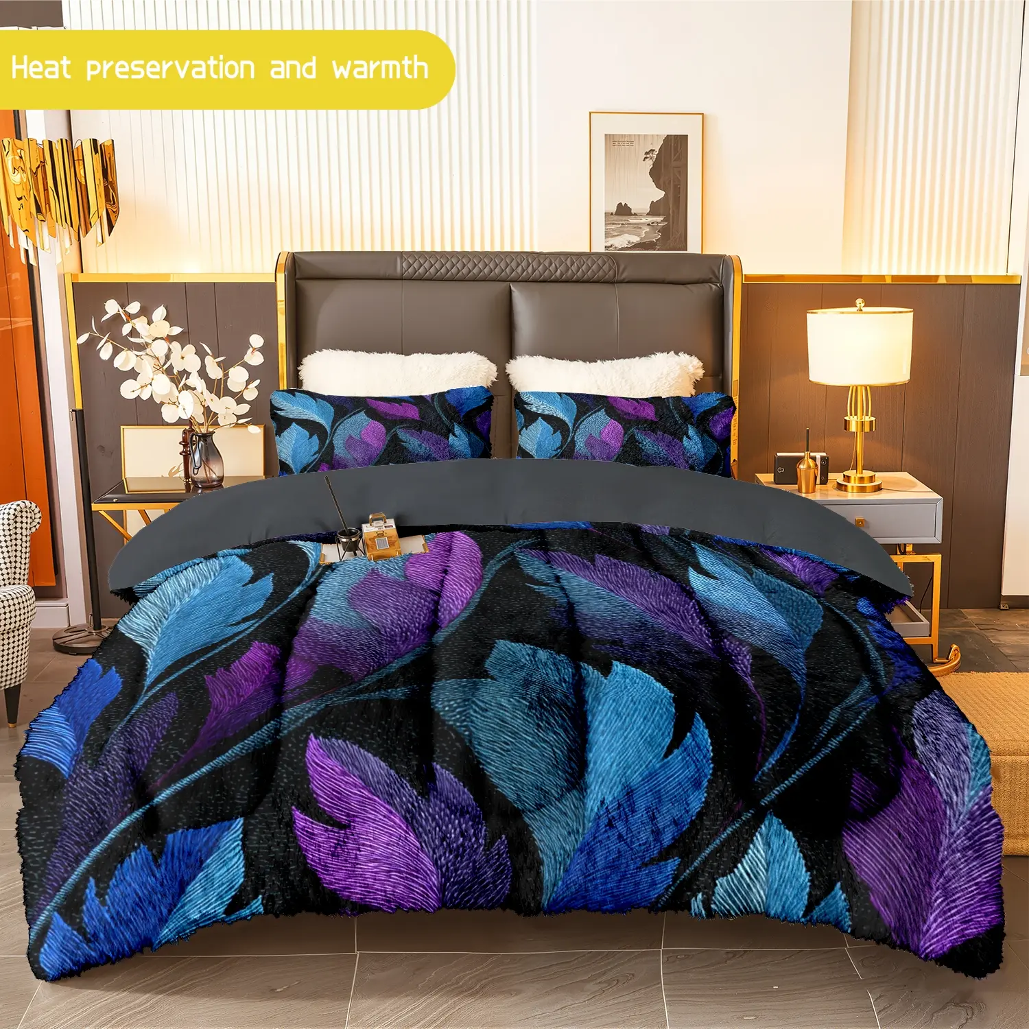 3pcs (1 comforter + 2 pillowcases) Plush Feather - Print Milk Velvet & Flannel Comforter Set, Soft Warm Bedding Set for Adults, Cozy Quilt Set, Trendy Bedding Essentials
