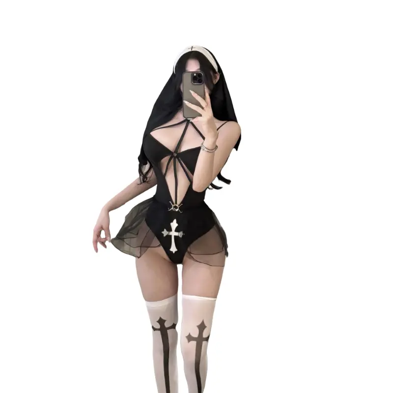 Lady Women's Halloween Nun Costume, 3-Piece Set (Veil + Onesie + Stockings) Clothes, Classic Habit Cosplay Outfit for Themed Parties, Three-Piece Set Veil + Onesie + Stockings
