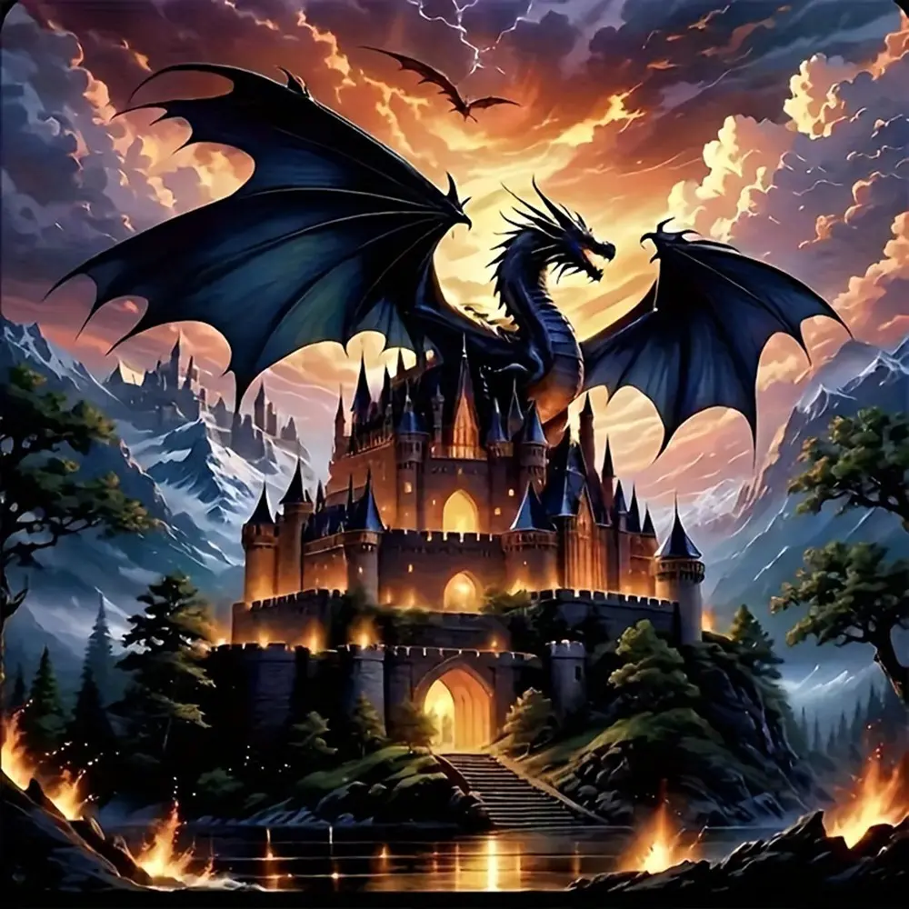 Animal Series Diamond Painting Kit, Square Drill Round Drill Dragon Castle Embroidery DIY Handmade Bead Art Set, Craft Supplies, Handcraft, Diy Kits