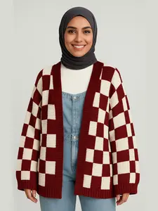 Plus Size Plaid Print Drop Shoulder Cardigan, Casual Long Sleeve Open Front Knitwear for Fall & Winter, Women's Plus Clothing for Daily Wear