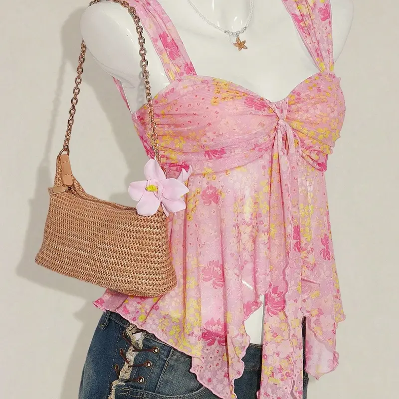【Black Friday】Women’s Floral Pattern Asymmetrical Hem Top, Cute Sleeveless Top for Vacations, Bohemian Sheer Mesh Tank Top for Spring & Summer