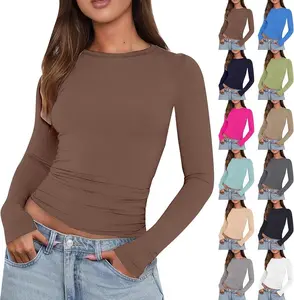 High Level Women's Fashion Plain Cropped T-Shirt - Long-Sleeve, Round-Neck, Slim, Form-Fitting, Snug-Waist, Minimalist Essential Style Basic Casual Top