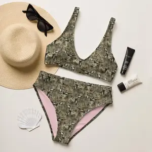 Women High Waist Tactical Camo Bikini Set Olive Green Mossy Oak Print Loose Comfy Swimsuit Summer Beach Tanning Pool Party 4th of July Two Piece