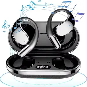 Open-ear wireless Bluetooth earbuds, pain-free air conduction eartips, charging case with LED digital display, sweatproof design, suitable for running, safety, and long-term everyday use (black).