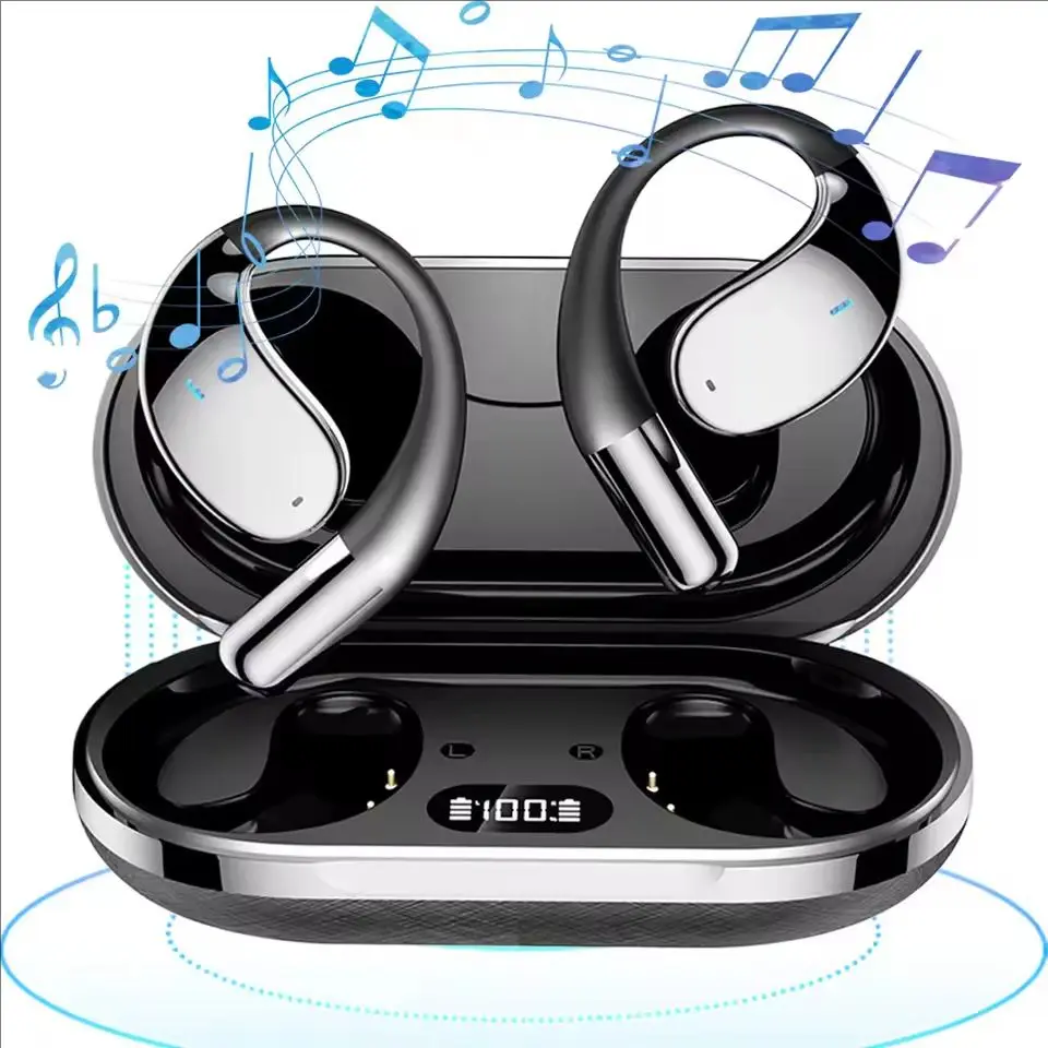 Open-ear wireless Bluetooth earbuds, pain-free air conduction eartips, charging case with LED digital display, sweatproof design, suitable for running, safety, and long-term everyday use (black).