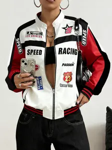 Women's Letter Print Colorblock Drop Shoulder Long Sleeve Fitted Bomber Jacket, Fall & Winter Casual Streetwear, Windproof Outdoor Zip Front Coat with Zipper