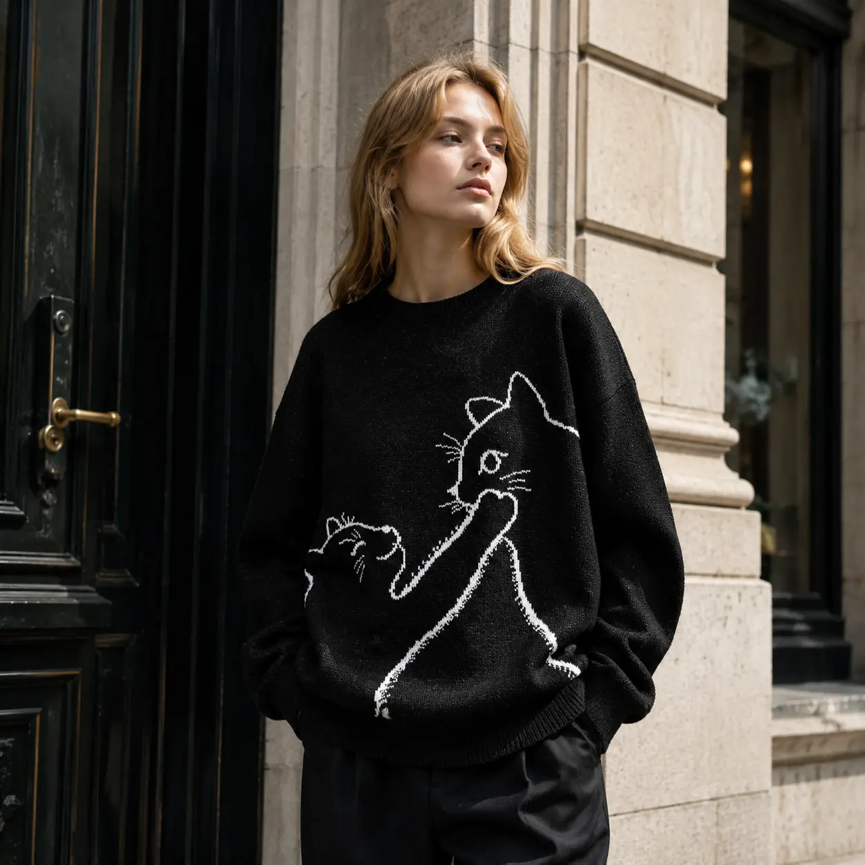 Women's Soft Cozy Knit Sweater with Minimalist Cat Graphic, Casual Long Sleeve Round Neck Pullover for Fall, Crew Neck, Soft Cozy Women's Pullovers, Kitten Print, Cute, Knitwear, Fit, Everyday, Top, Style, Halloween, Polyester, Clothes, Chinese New Year,