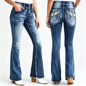 Women's Double Button High Waist Vintage Wash Flare Jeans, Wing Cross Rhinestone Embroidery Western Cowgirl Style Back Pocket Decor Bootcut Denim Pants