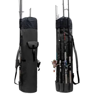 Durable Canvas Fishing Rod & Reel Organizer Travel Carry Case Bag - Holds 5 Poles & Tackle