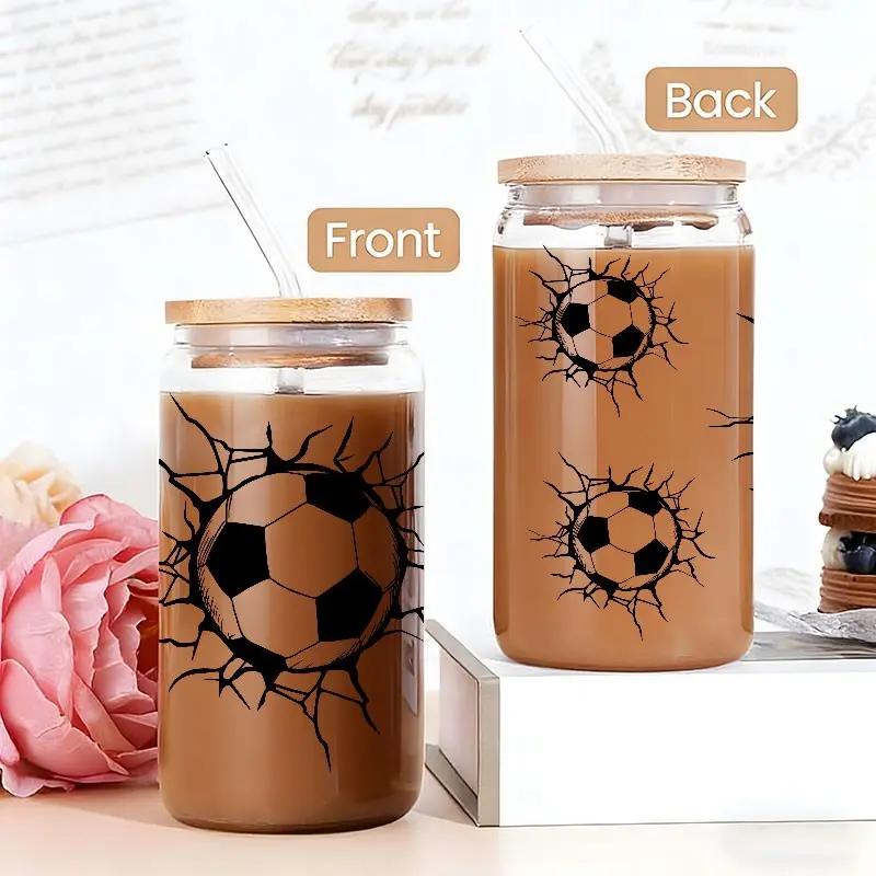 Cool Soccer Print 16oz covered straw glass drinking cup, reusable glass drinking cup, high-quality glass jar design, suitable for iced coffee, beer, juice, milk, cold drink glass cups, fashionable glassware, Tumbler. Perfect gift for coffee lover