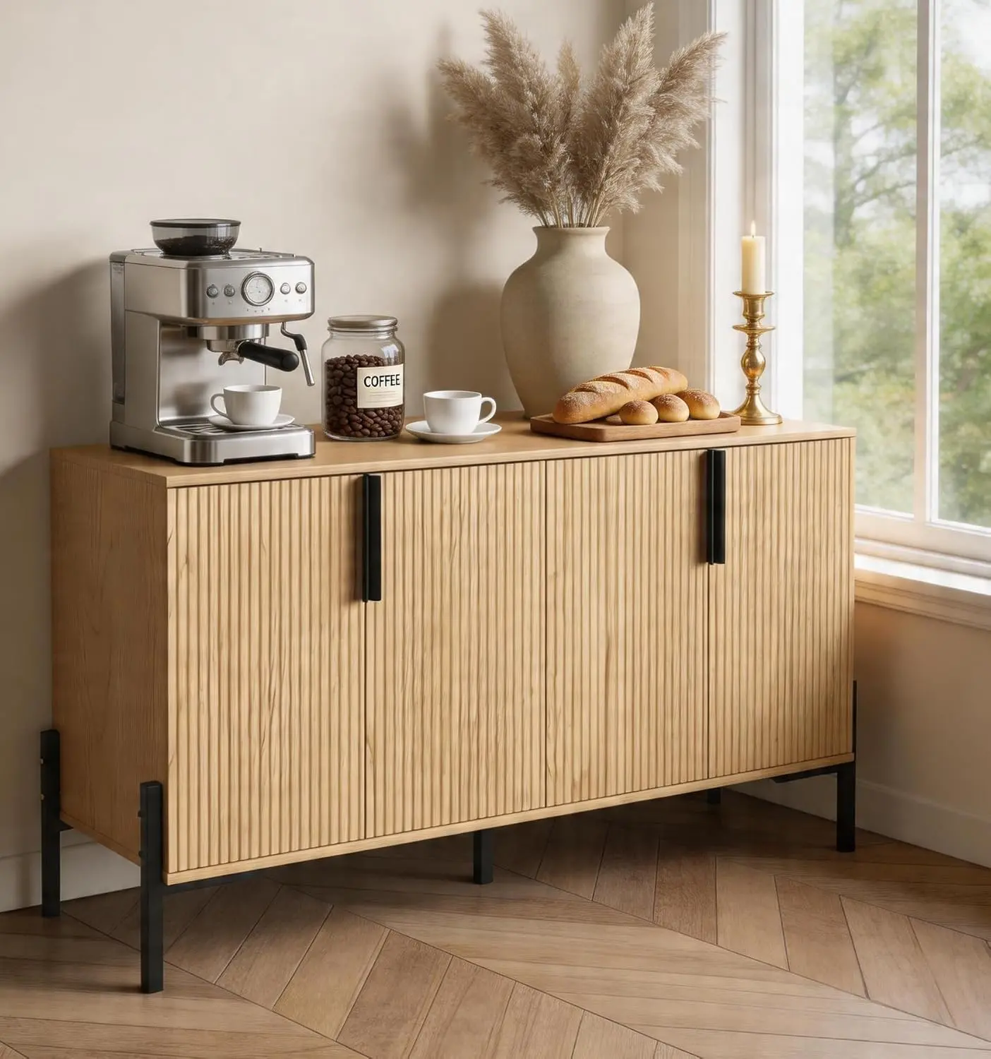 Farmhouse Buffet & Sideboard Cabinet with Storage - Pantry Cabinet with 4 Doors, Wood Cupboard Hutch, Coffee Bar Station Table for Kitchen, Living Room & Dining Room