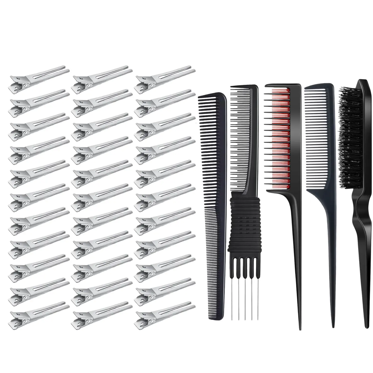 55 pcs styling tool set, including 50 metal duckbill clips and 5 combs, suitable for salons, hairstylists, DIY hairdressing enthusiasts, used for hair styling, hair dyeing zoning, and daily maintenance