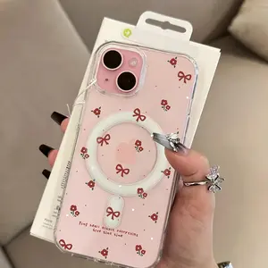 Transparent Stylish TPU Red Floral Textured Magnetic Smartphone Case - Wireless Charging Support, Protective Cover for iPhone 17/16 Pro Max/15/14 Plus/13/12/11, Handheld Cellphone Devices Accessory