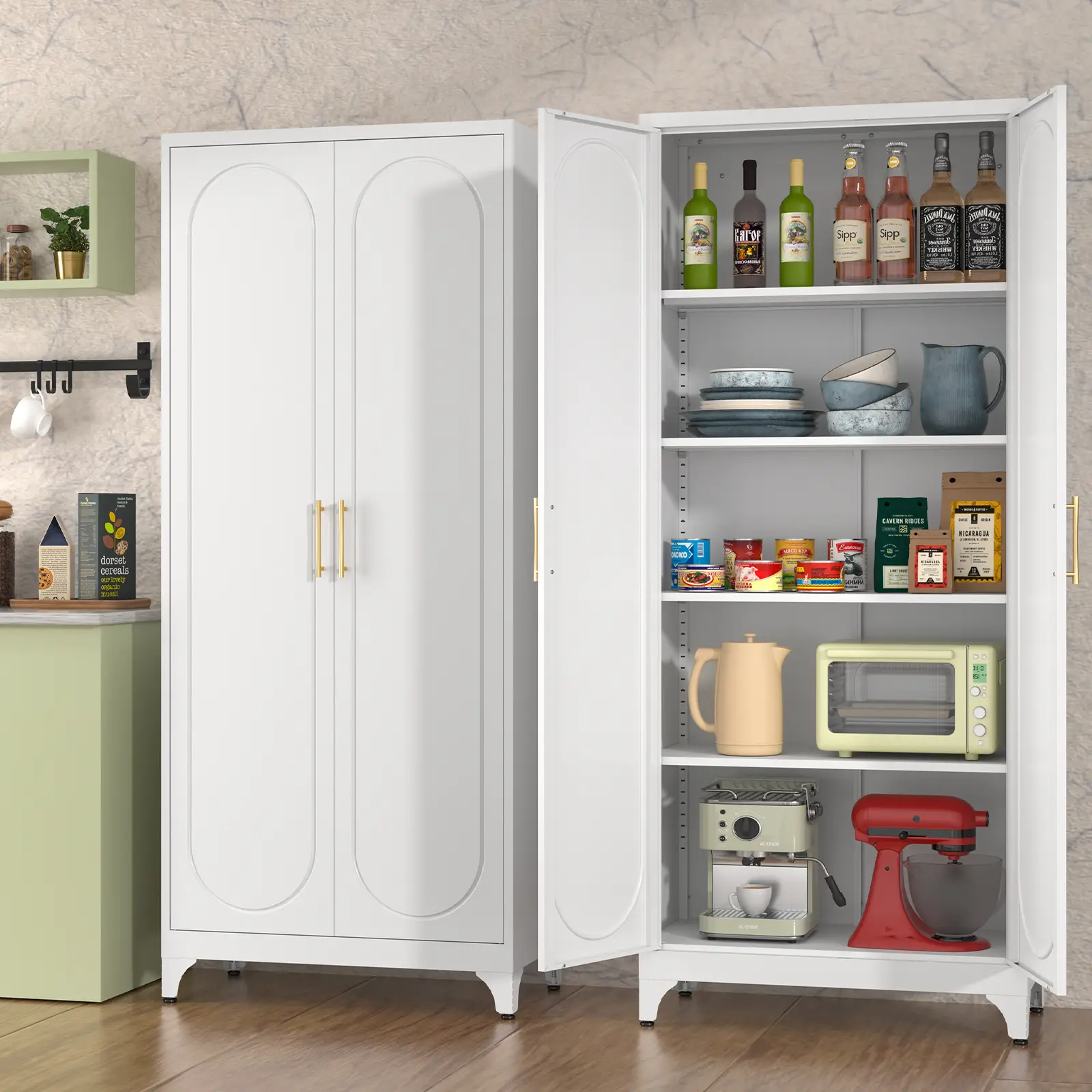 75" Heavy Duty Adjustable Metal Storage Cabinet with Doors, 5 Adjustable Shelves, Farmhouse Style, for Kitchen/Garage/Laundry Room Pantry drawer dress