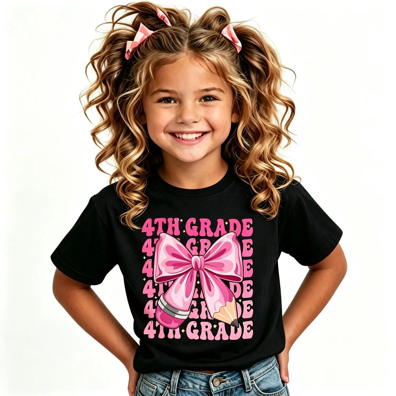 First Day of 4th Grade Girls Bow Back to School T-Shirt