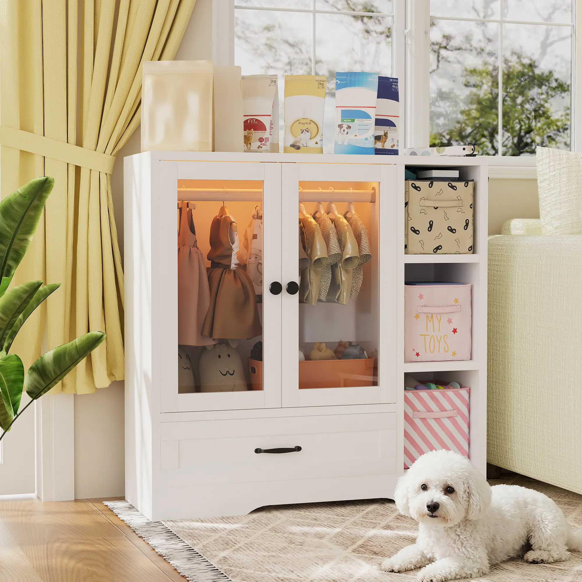 Pet Clothes Storage Cabinet with RGB LED Light, Tempered Glass Door Garment Organizer with Side Open Shelves & Large Drawer, Multi-Purpose MDF Storage Closet for Pet Supplies Toys Books