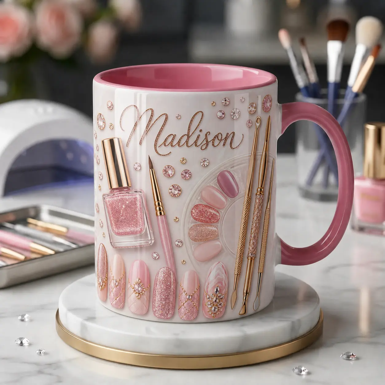 Personalized Nail Tech Mug, Custom Pink Handle Ceramic Cup, 2D Printed 3D Effect Pink Nail Polish Tools Design, For Nail Artists Women Manicurists, Birthday Christmas Mother's Day Gift, Nail Salon Keepsake