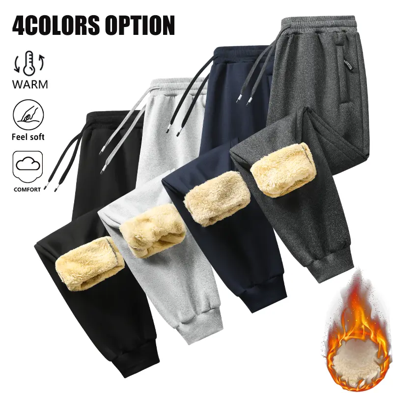 Men’s Winter Fleece Casual Joggers - Long Sweatpants with Elastic Adjustable Drawstring Waist, Zippered Anti-Theft Pockets, Ribbed Cuffs, for Home, Commuting, Outdoor Activities