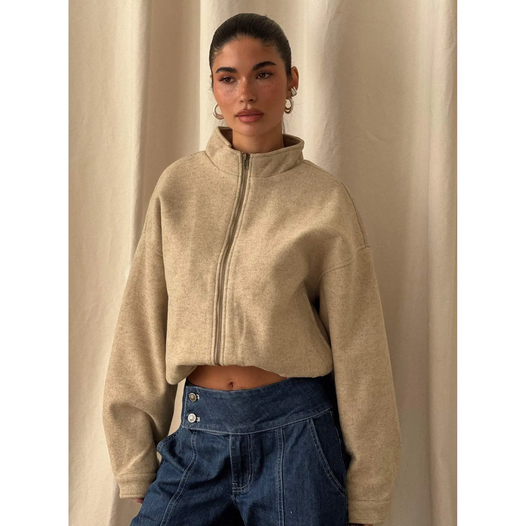 Chayden Cropped Faux Wool Bomber Jacket Beige - TikTok Shop
