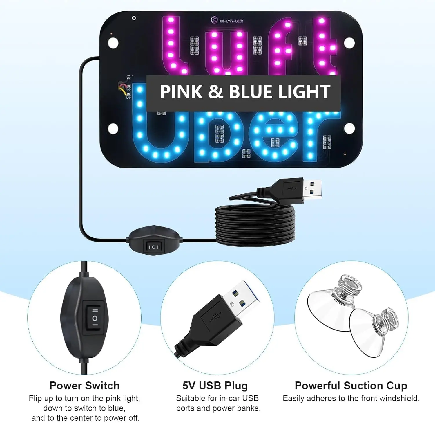 USB LED Light Sign for Drivers, Taxi Car Led Sign with Suction Cups Dimmer On Window, Sign Car LED Decal, Bright Lights Sign Car Accessories Suitable for All Cars (Powder Blue)