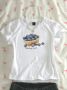 Y2K Coquette Aesthetic Blueberry Girl Print Cotton Casual Graphic T-Shirt, Cute Kawaii Fruit Pattern Short Sleeve Tee for Summer Daily Outfit, Soft Breathable Fabric, Trendy Aesthetic Top for Teen Girls & Streetwear Style, Ideal for Picnic & Beach Looks